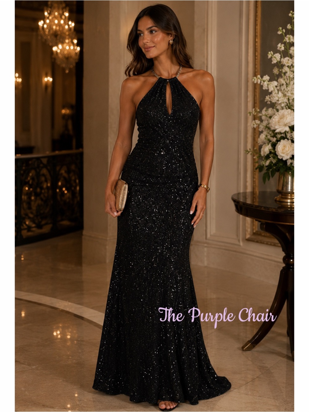 HELLO MOLLY NWT Black Sequin Keyhole Diamanté Chain Halter Open Back Maxi Dress